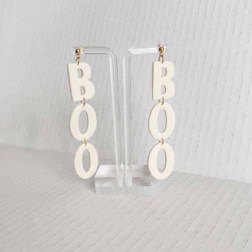 BOO white Glow in the dark polymer clay earrings Handmade lightweight 3.5"